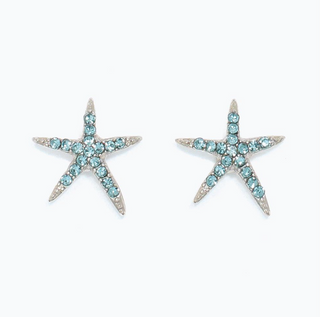 Cuties Silver Starfish Aqua Crystals Earrings