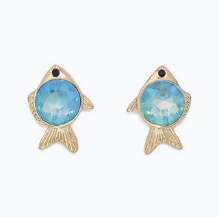 Cuties Gold Fish with Aqua Crystal Earrings