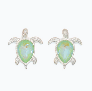 Cuties Silver Turtles Green Crystal Earrings