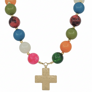 Chunky Bead Cross Charm Necklace