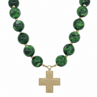 Chunky Bead Cross Charm Necklace