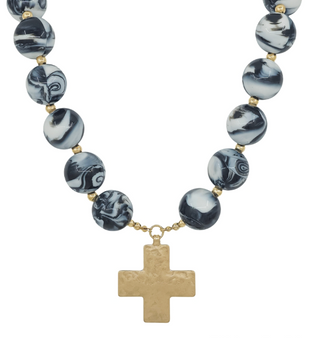 Chunky Bead Cross Charm Necklace