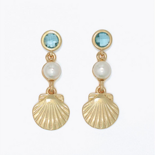 Periwinkle Gold Scallop Pearl and Aqua Earrings