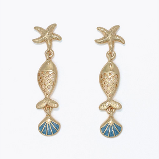 Periwinkle Textured Gold and Blue Sealife Earrings