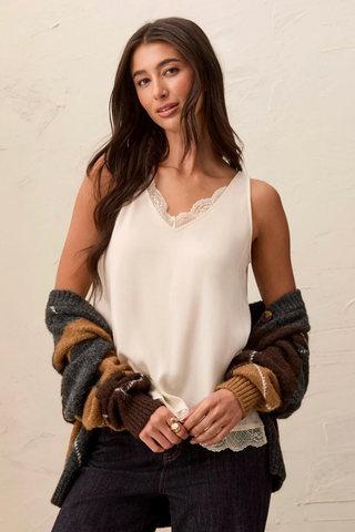 Tribal Satin Feel V-Neck Cami with Lace Trim