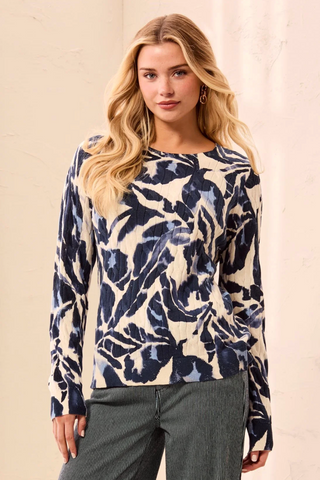 Tribal Printed Cable Cotton Crew Neck Sweater