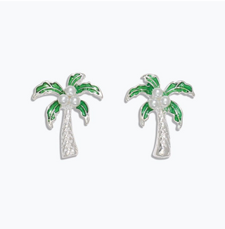 Periwinkle Silver Palm Trees with Pearls Earrings