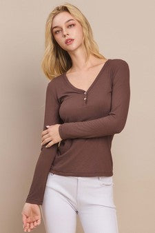 Long Sleeve Ribbed V Neck Top with Buttons