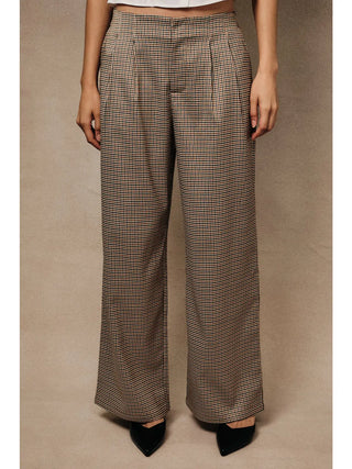High Waist Houndstooth Pleated Wide Leg Dress Pants