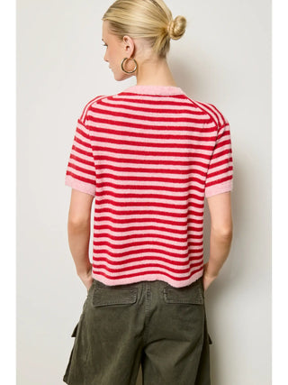 Striped Short Sleeve Knit Cardigan