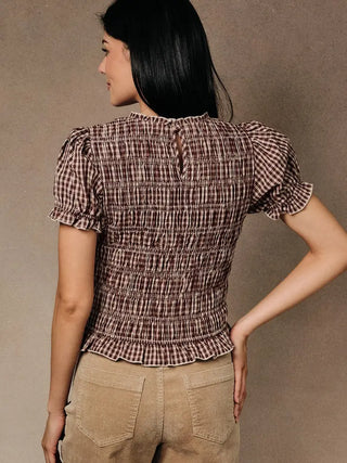 Short Puff Sleeve Smocked Plaid Top W. Ruffle Detail