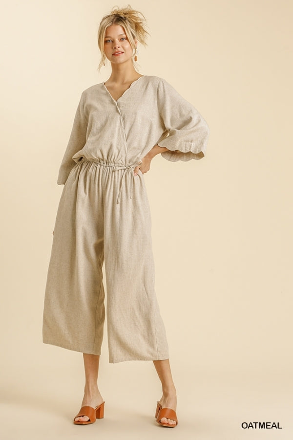 Umgee Linen Blend Bell Sleeve V-Crossbody Jumpsuit