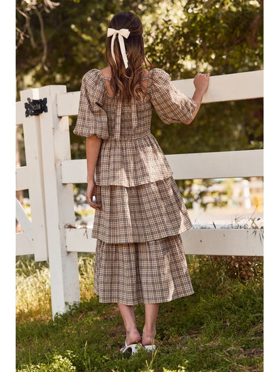 Crinkled Plaid Midi Dress