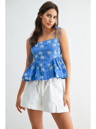 Embroidered Palm-Detail Cotton Peplum Top