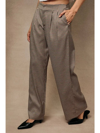 High Waist Houndstooth Pleated Wide Leg Dress Pants