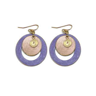 Brass Patina Earrings - Round Cutout Purple Layers