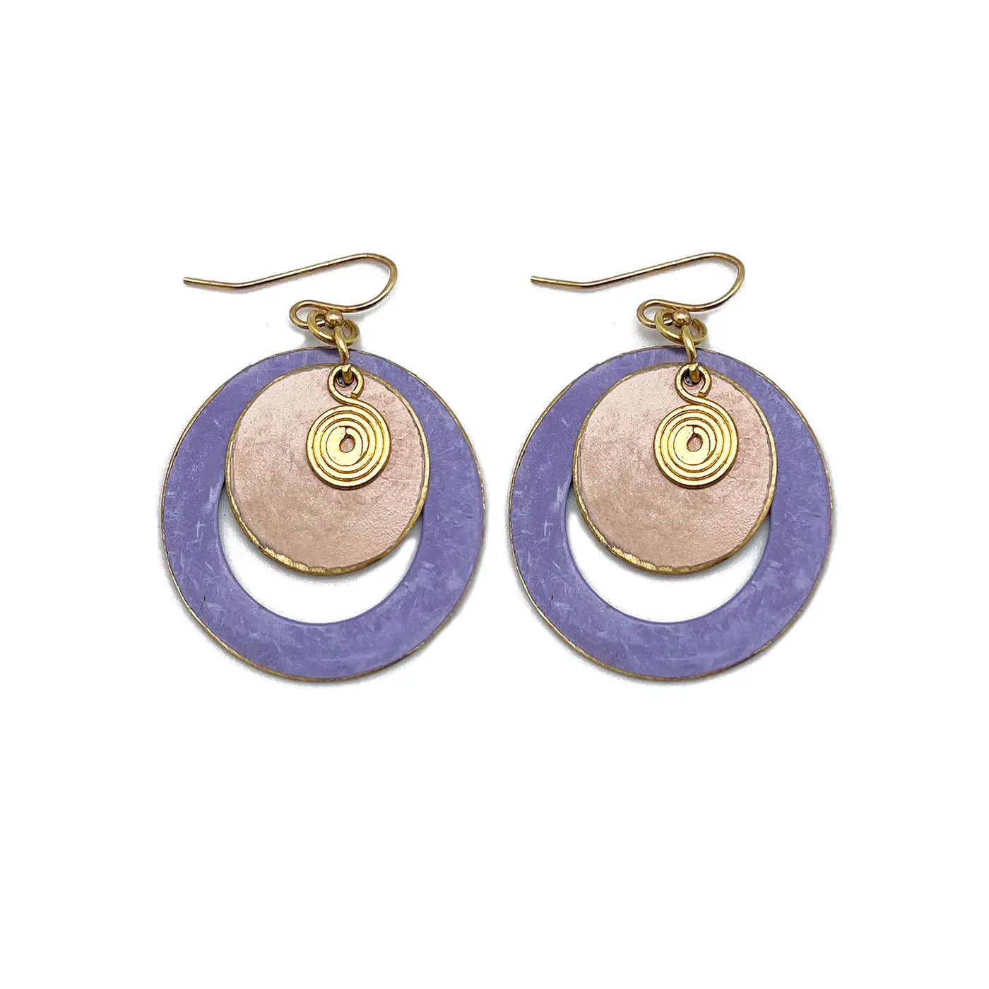 Brass Patina Earrings - Round Cutout Purple Layers