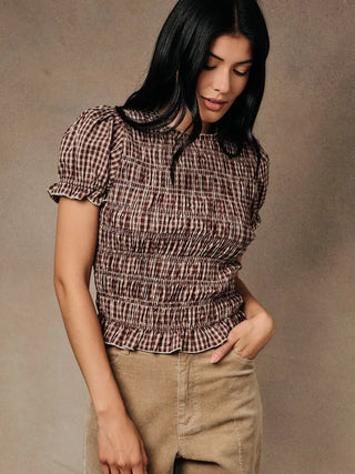 Short Puff Sleeve Smocked Plaid Top W. Ruffle Detail