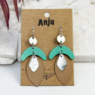 Handcrafted Tan & Green Patina Arc Teardrop Earrings