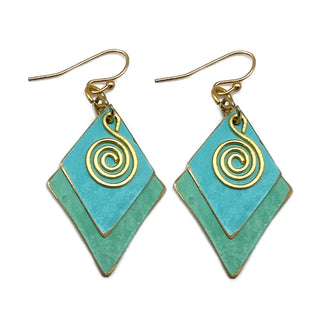 Brass Patina Earrings - Green and Blue Layered Diamonds
