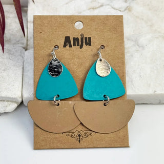 Handcrafted Turquoise & Tan Patina Geometric Earrings