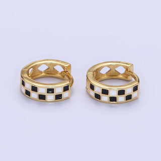 24K Gold Filled 13mm Checkered Enamel Huggie Earrings