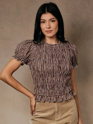 Short Puff Sleeve Smocked Plaid Top W. Ruffle Detail