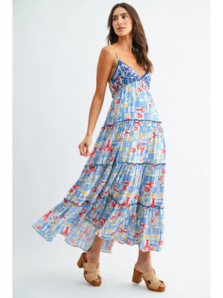 Tiered Maxi Dress with Mediterranean Tile Print