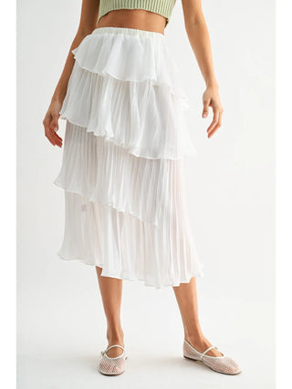 Tiered White Pleated Midi Skirt