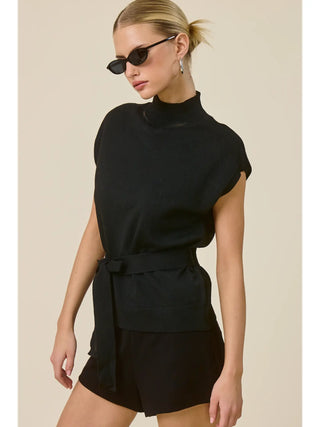Mock Neck Belted Sweater Vest