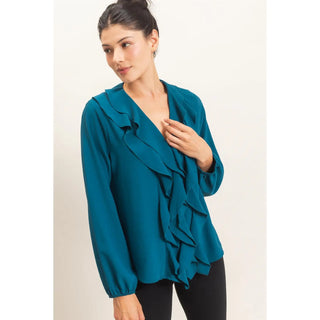 Ruffled V-Neck Button-Up Blouse