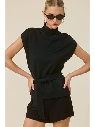 Mock Neck Belted Sweater Vest
