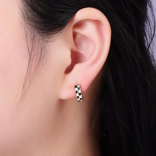24K Gold Filled 13mm Checkered Enamel Huggie Earrings