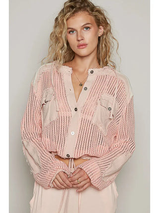 Pol Open Knit Button Down Hooded Top