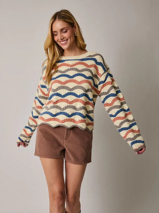Round Neck Long Sleeve Wavy Stripe Sweater
