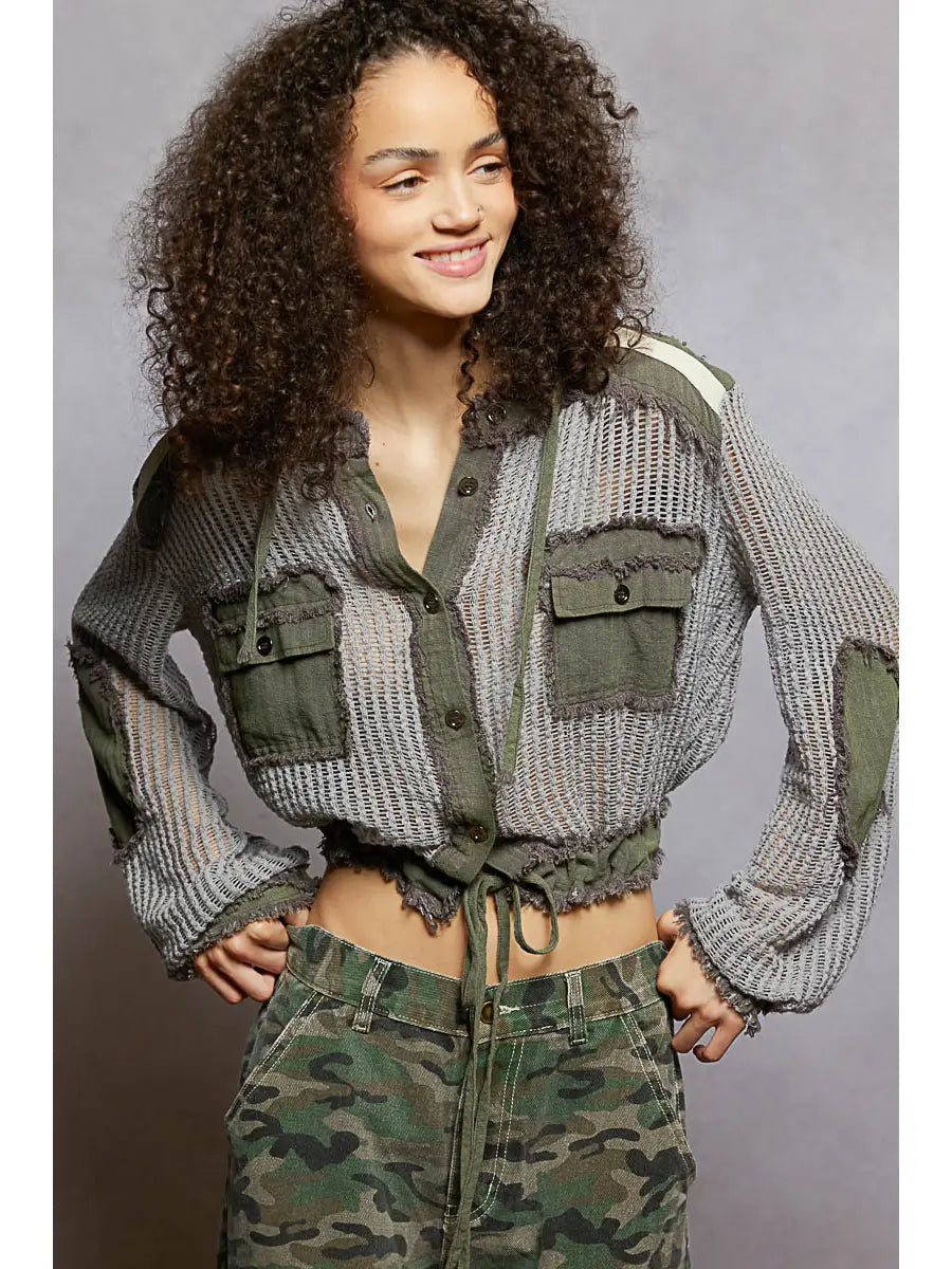 Pol Open Knit Button Down Hooded Top