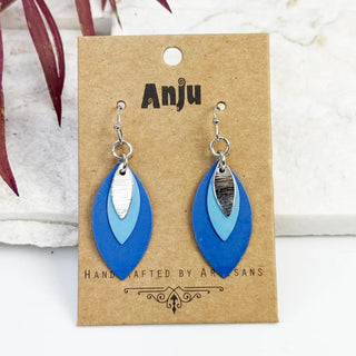 Handcrafted Tonal Blue Patina Layered Leaf Earrings