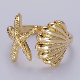 14K Gold Filled Starfish and Shell Ring
