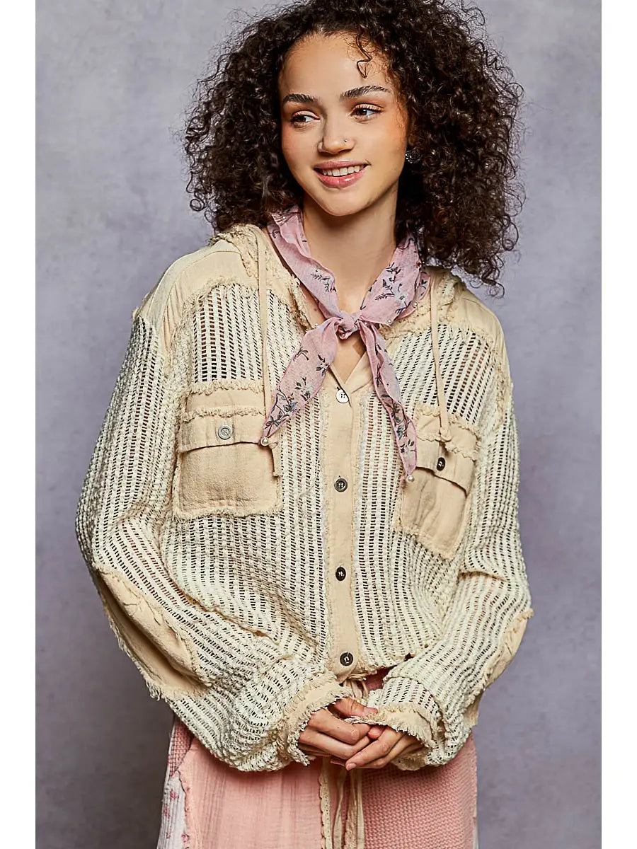 Pol Open Knit Button Down Hooded Top