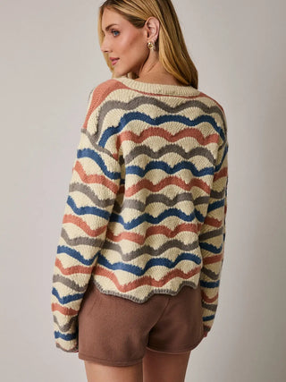 Round Neck Long Sleeve Wavy Stripe Sweater