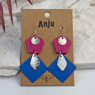 Handcrafted Fuchsia & Blue Patina Geometric Drop Earrings