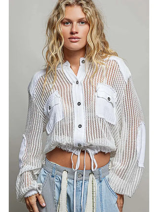 Pol Open Knit Button Down Hooded Top
