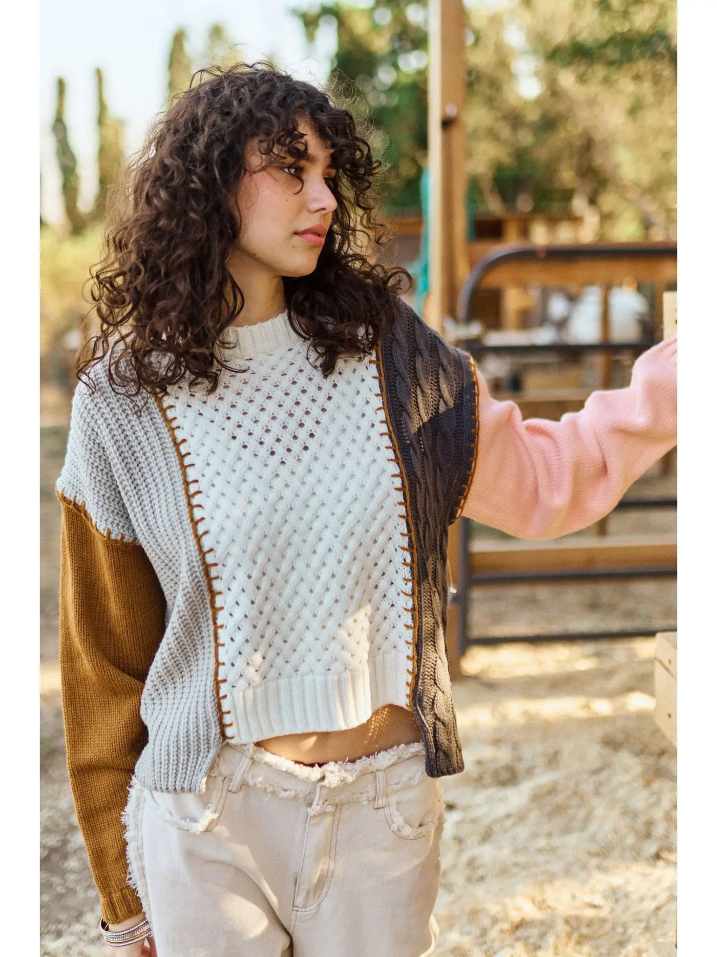 Multi Fabric Color Block Sweater