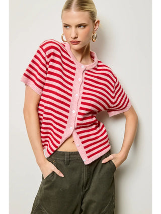 Striped Short Sleeve Knit Cardigan