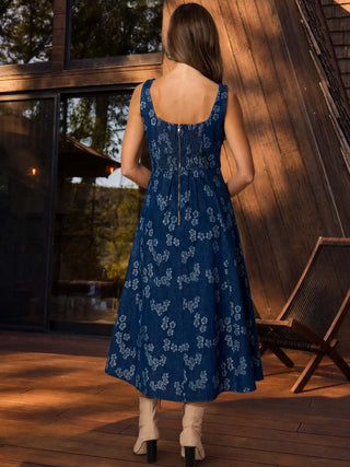 Floral Jacquard Corset Detail Denim Midi Dress