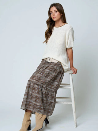 Contest Trim Puff Sleeve Ribbed Knit Sweater