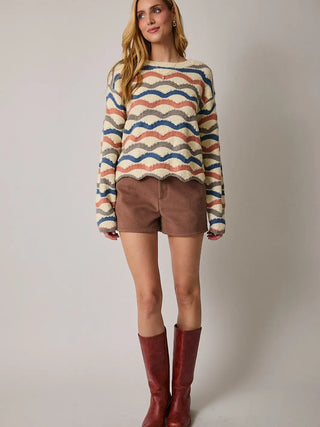 Round Neck Long Sleeve Wavy Stripe Sweater