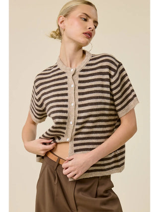 Striped Short Sleeve Knit Cardigan