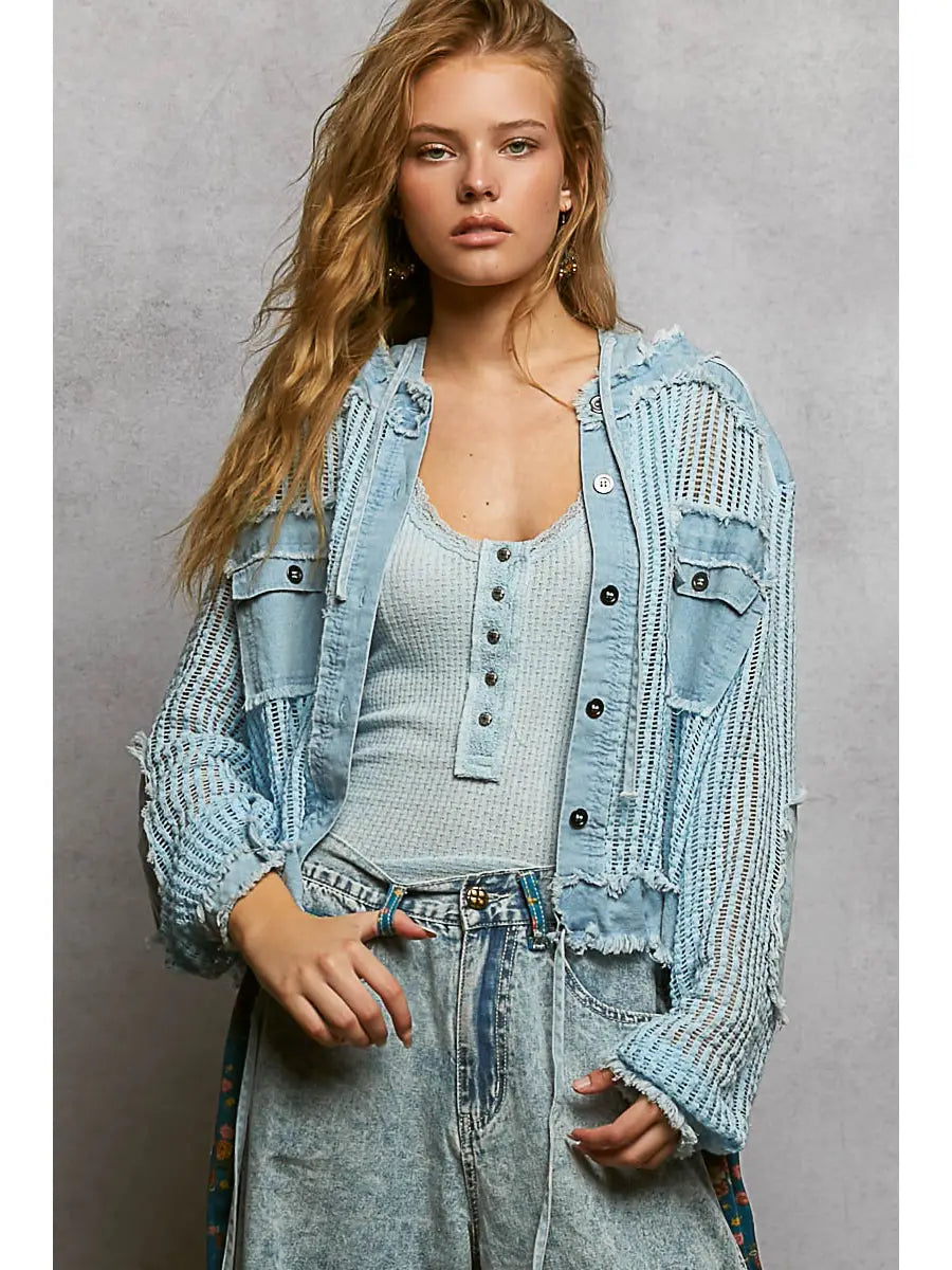 Pol Open Knit Button Down Hooded Top