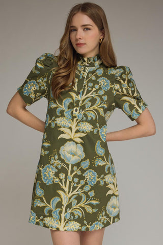 Olive Floral Puff Sleeve Midi Dress